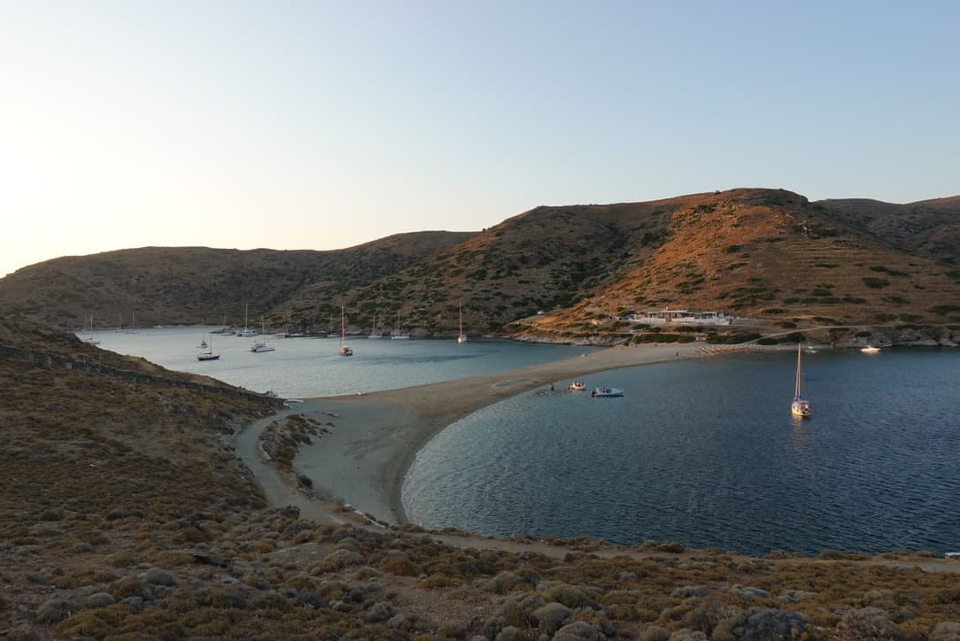 view of bay with anchored boats in greece