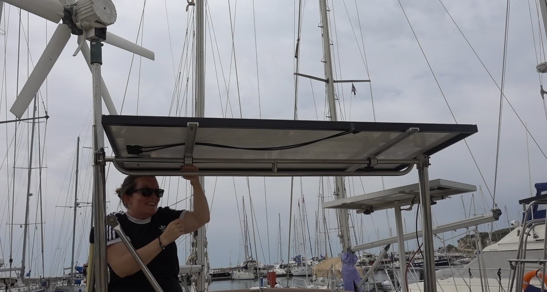 solar panel installation on a sailboat steel arch